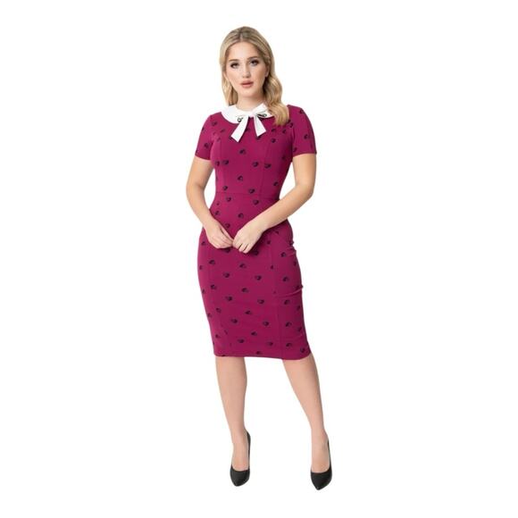 Unique Vintage Berry Pink Black Cat Print Renata Pencil Dress - Picture 1 of 7
